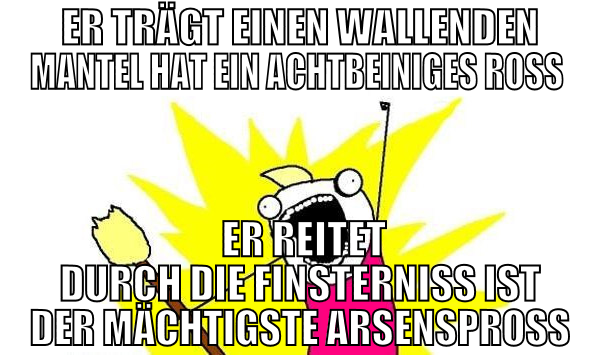 Er trägt einen wallenden Mantel Hat ein achtbeinig