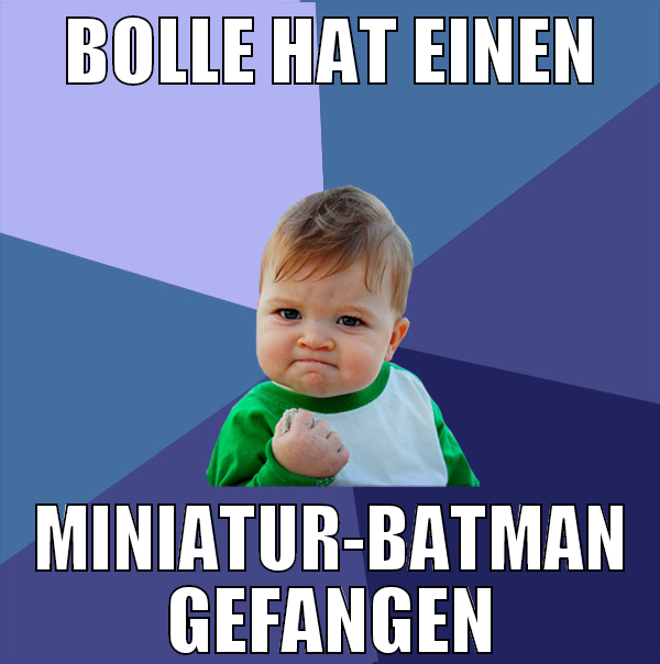 bolle hat einen miniatur-batman gefangen