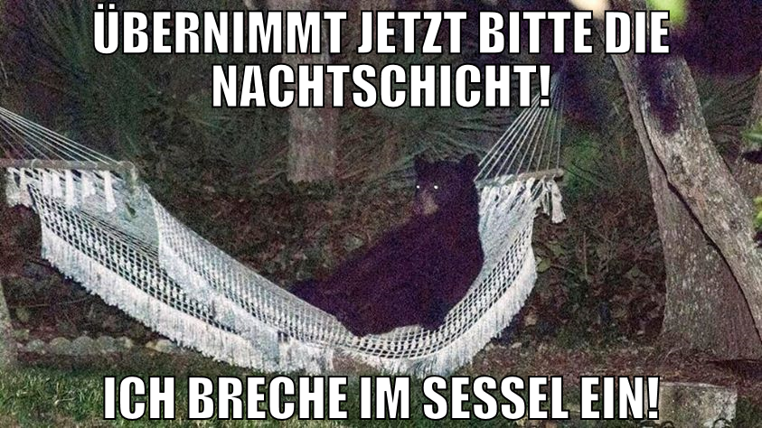 übernimmt jetzt bitte die Nachtschicht! Ich breche