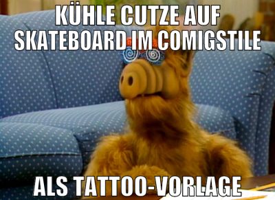 kühle cutze auf skateboard im comigstile als tatto