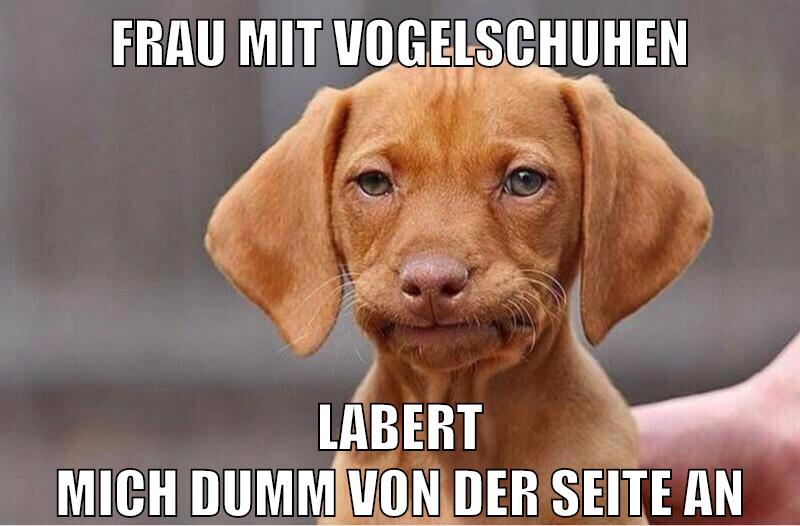 Frau mit Vogelschuhen Labert mich dumm von der Seite an
