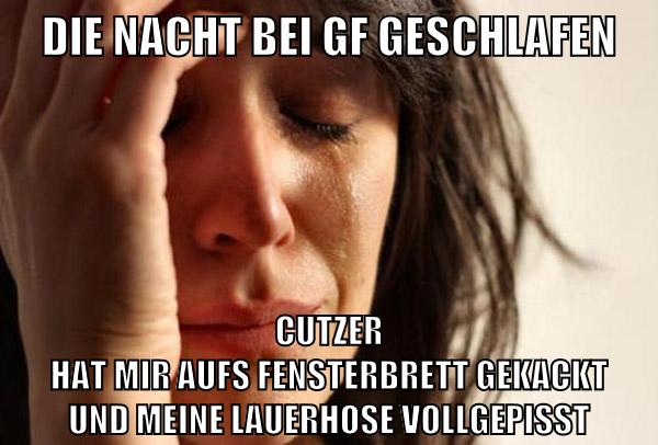 die nacht bei gf geschlafen cutzer hat mir aufs fensterbrett gekackt und meine lauerhose vollgepisst