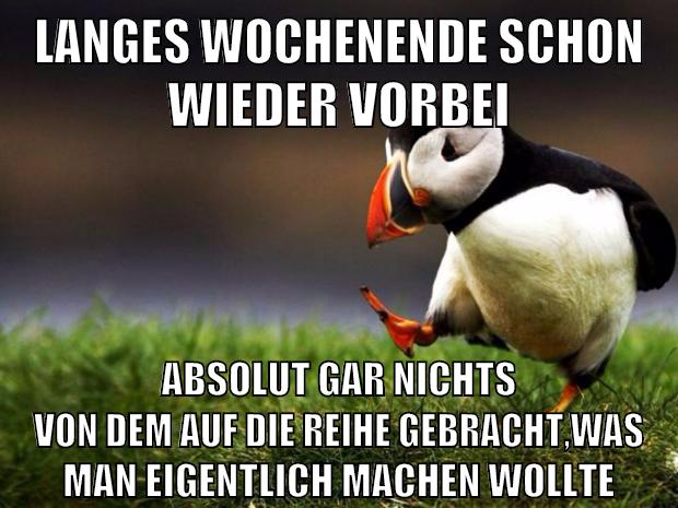 langes wochenende schon wieder vorbei absolut gar nichts von dem auf die reihe gebracht,was man eigentlich machen wollte