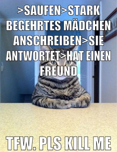 >saufen>stark begehrtes mädchen anschreiben>sie antwortet>hat einen freund tfw. pls kill me
