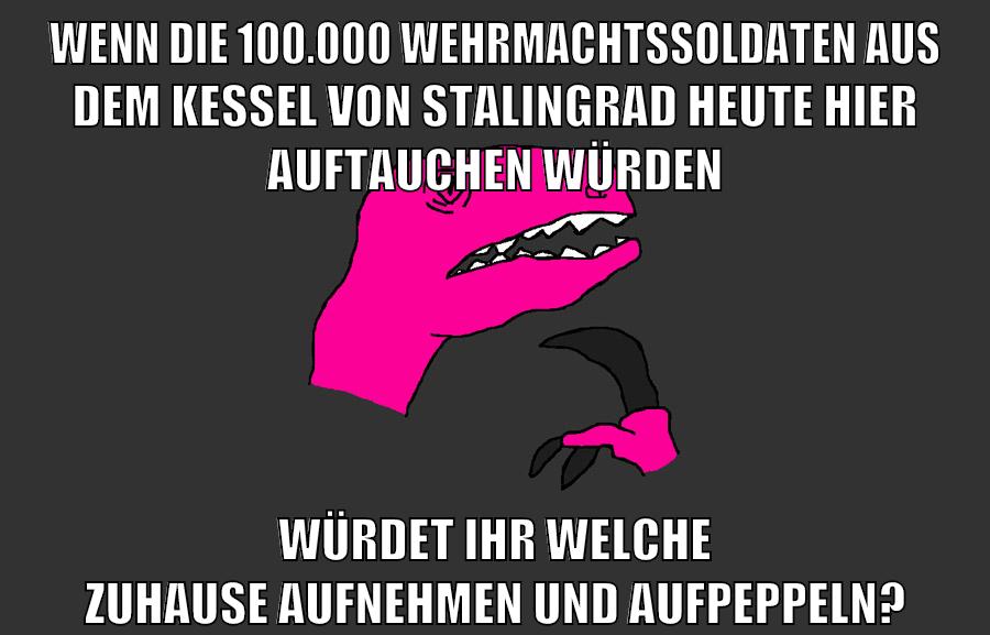 wenn die 100.000 wehrmachtssoldaten aus dem kessel von stalingrad heute hier auftauchen würden würdet ihr welche zuhause aufnehmen und aufpeppeln?