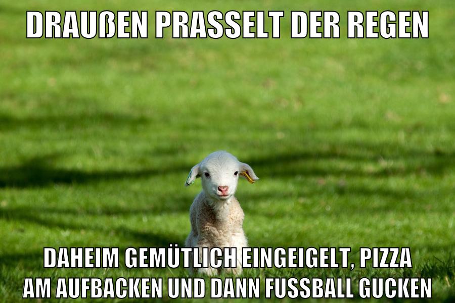 Draußen prasselt der Regen daheim gemütlich eingeigelt, pizza am aufbacken und dann Fussball gucken