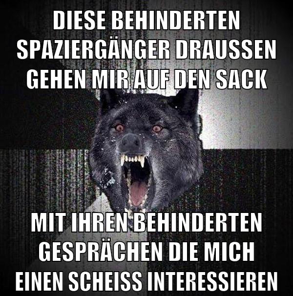 diese behinderten spaziergänger draußen gehen mir auf den sack mit ihren behinderten gesprächen die mich einen scheiß interessieren