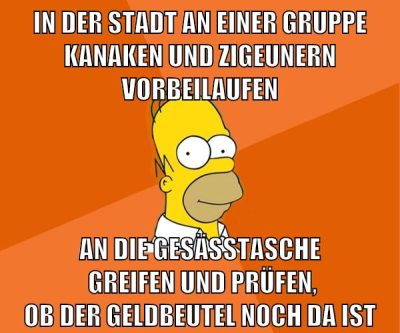 in der stadt an einer gruppe kanaken und zigeunern vorbeilaufen an die gesäßtasche  greifen und prüfen, ob der geldbeutel noch da ist