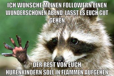 ich wünsche meinen followern einen wunderschönen abend. Lasst es euch gut gehen Der Rest von euch hurenkindern soll in flammen aufgehen