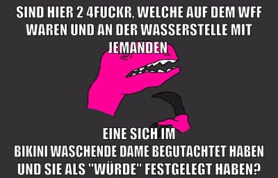 Sind hier 2 4fuckr, welche auf dem WFF waren und an der Wasserstelle mit jemanden eine sich im Bikini waschende Dame begutachtet haben und sie als "würde" festgelegt haben?