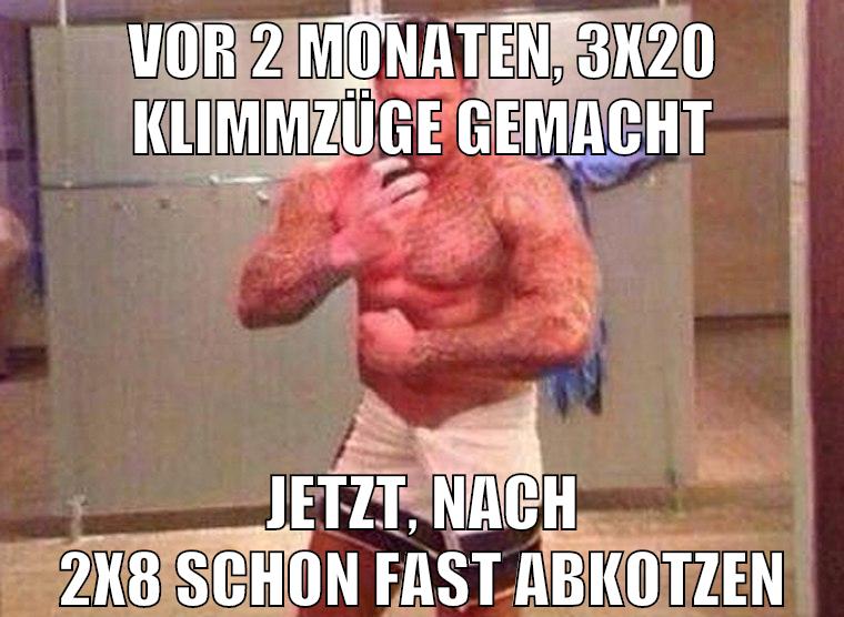 vor 2 monaten, 3x20 klimmzüge gemacht jetzt, nach 2x8 schon fast abkotzen