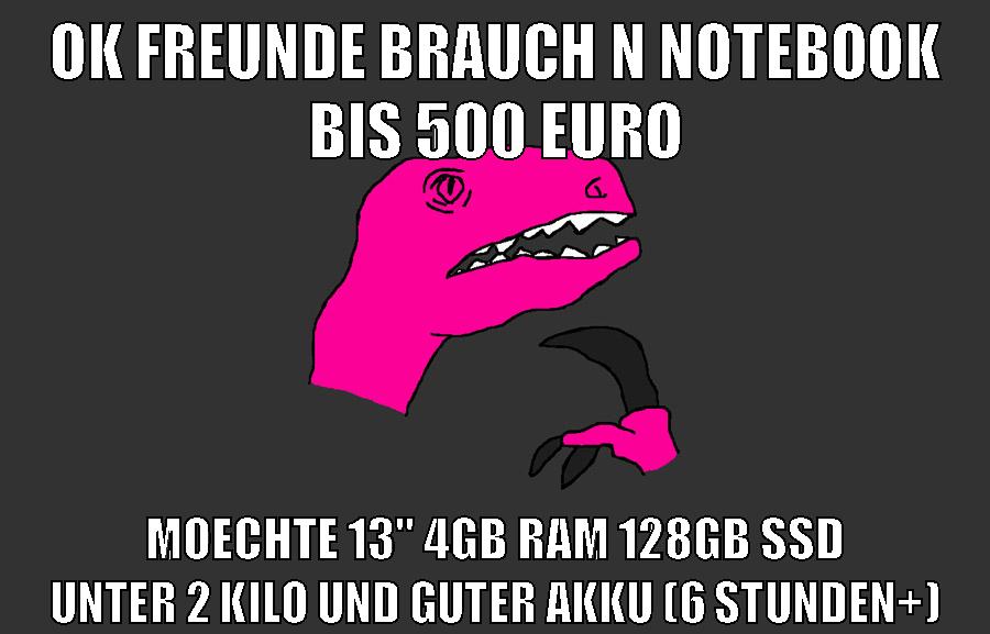 ok freunde brauch n notebook bis 500 euro moechte 13" 4gb ram 128gb ssd unter 2 kilo und guter akku (6 Stunden+)