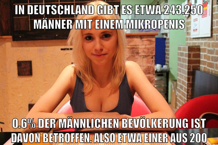 In Deutschland gibt es etwa 243.250 Männer mit einem Mikropenis 0.6% der männlichen Bevölkerung ist davon betroffen. Also etwa einer aus 200