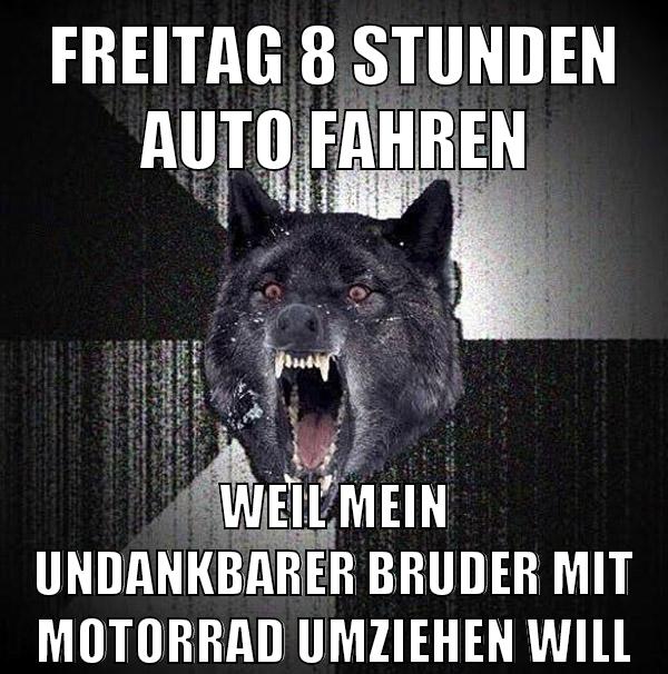 Freitag 8 Stunden auto fahren weil mein undankbarer bruder mit motorrad umziehen will