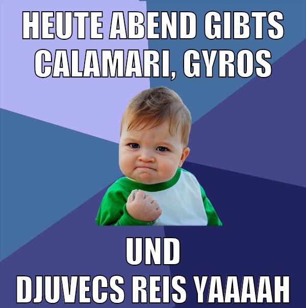 heute abend gibts calamari, gyros und djuvecs reis yaaaah