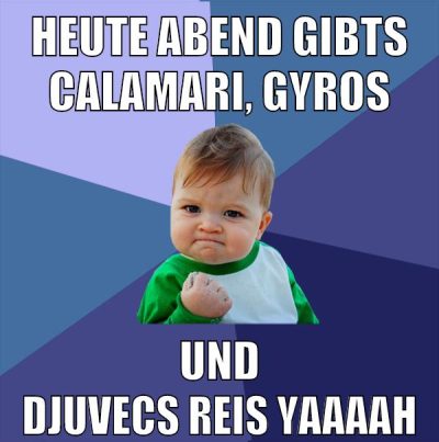 heute abend gibts calamari, gyros und djuvecs reis yaaaah