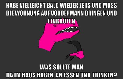 habe vielleicht bald wieder zeks und muss die wohnung auf vordermann bringen und einkaufen was sollte man da im haus haben, an essen und trinken?