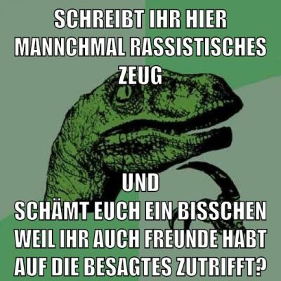 SCHREIBT IHR HIER MANNCHMAL RASSISTISCHES ZEUG UND SCHÄMT EUCH EIN BISSCHEN WEIL IHR AUCH FREUNDE HABT AUF DIE BESAGTES ZUTRIFFT?