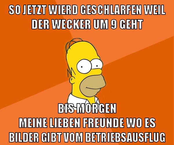 so jetzt wierd geschlarfen weil der wecker um 9 geht bis morgen meine lieben freunde wo es bilder gibt vom betriebsausflug