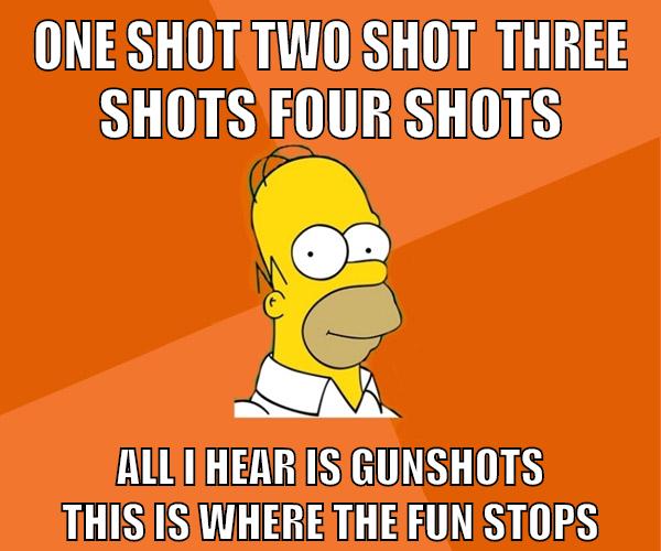 one shot two shot  three shots four shots all i hear is gunshots this is where the fun stops