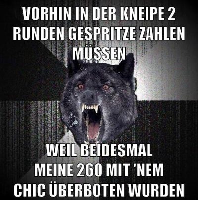 vorhin in der kneipe 2 runden gespritze zahlen müssen weil beidesmal meine 260 mit 'nem Chic überboten wurden
