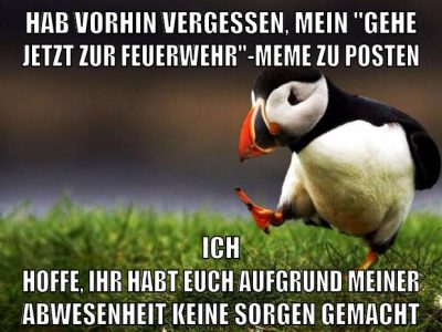 hab vorhin vergessen, mein "gehe jetzt zur feuerwehr"-meme zu posten ich hoffe, ihr habt euch aufgrund meiner abwesenheit keine sorgen gemacht