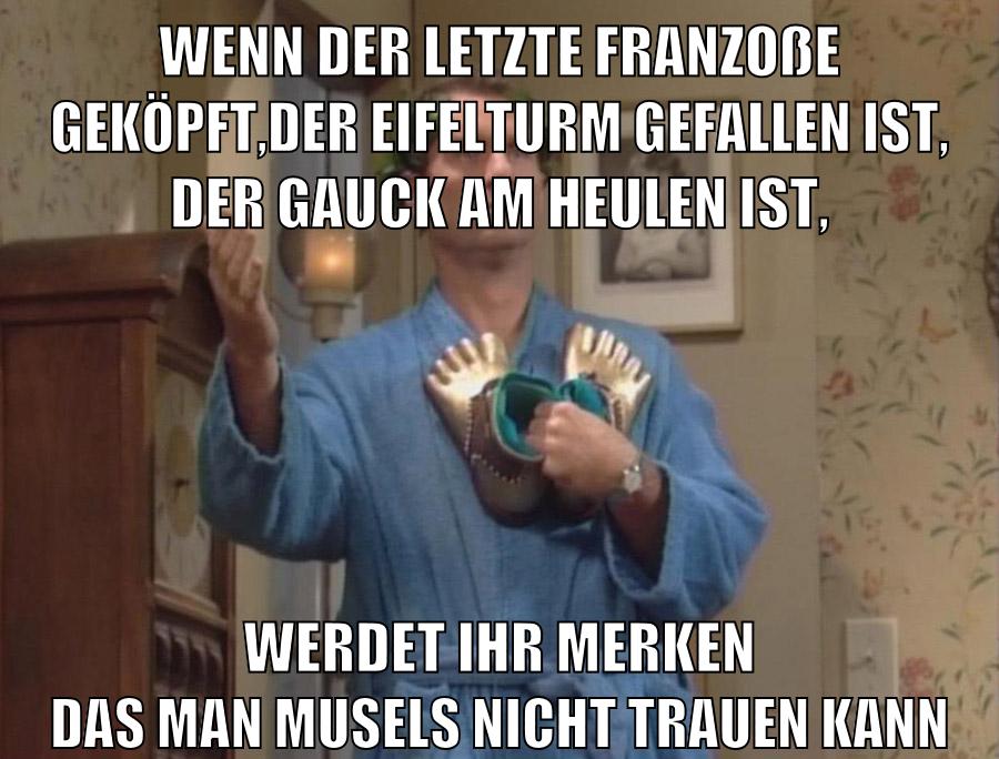 wenn der letzte franzoße geköpft,der eifelturm gefallen ist, der gauck am heulen ist, werdet ihr merken das man musels nicht trauen kann