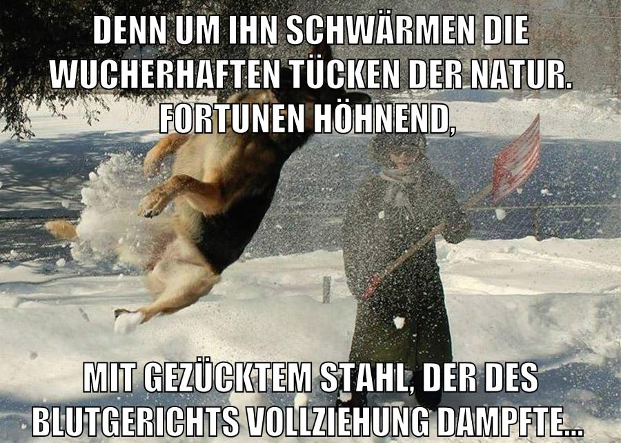 Denn um ihn schwärmen die wucherhaften Tücken der Natur. Fortunen höhnend, mit gezücktem Stahl, der des Blutgerichts Vollziehung dampfte…