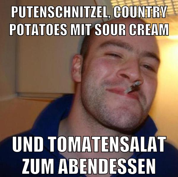 putenschnitzel, country potatoes mit sour cream und tomatensalat zum abendessen