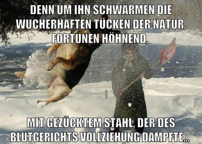 Denn um ihn schwärmen die wucherhaften Tücken der Natur. Fortunen höhnend, mit gezücktem Stahl, der des Blutgerichts Vollziehung dampfte…
