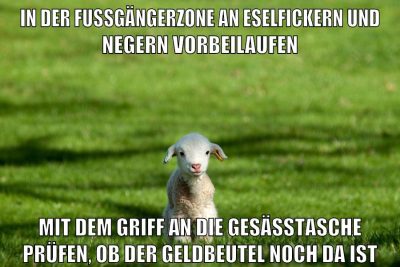 in der fußgängerzone an eselfickern und negern vorbeilaufen mit dem griff an die gesässtasche prüfen, ob der geldbeutel noch da ist