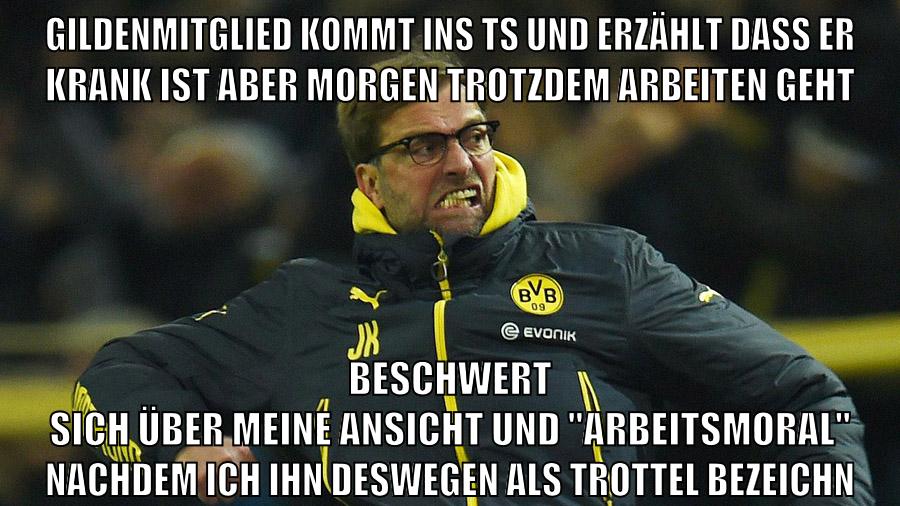 Gildenmitglied kommt ins ts und erzählt dass er krank ist aber morgen trotzdem arbeiten geht beschwert sich über meine ansicht und "arbeitsmoral" nachdem ich ihn deswegen als trottel bezeichn