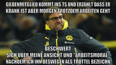 Gildenmitglied kommt ins ts und erzählt dass er krank ist aber morgen trotzdem arbeiten geht beschwert sich über meine ansicht und "arbeitsmoral" nachdem ich ihn deswegen als trottel bezeichn