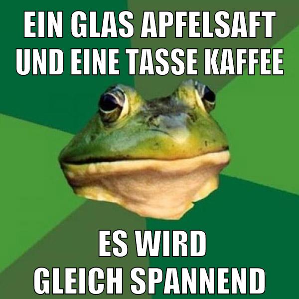 Ein Glas Apfelsaft und Eine Tasse Kaffee Es wird gleich spannend