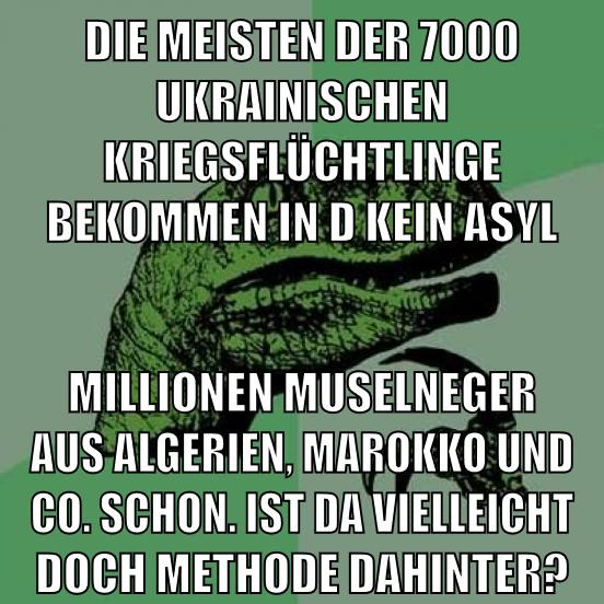 Die meisten der 7000 ukrainischen kriegsflüchtlinge bekommen in D kein Asyl Millionen Muselneger aus Algerien, Marokko und co. schon. Ist da vielleicht doch methode dahinter?
