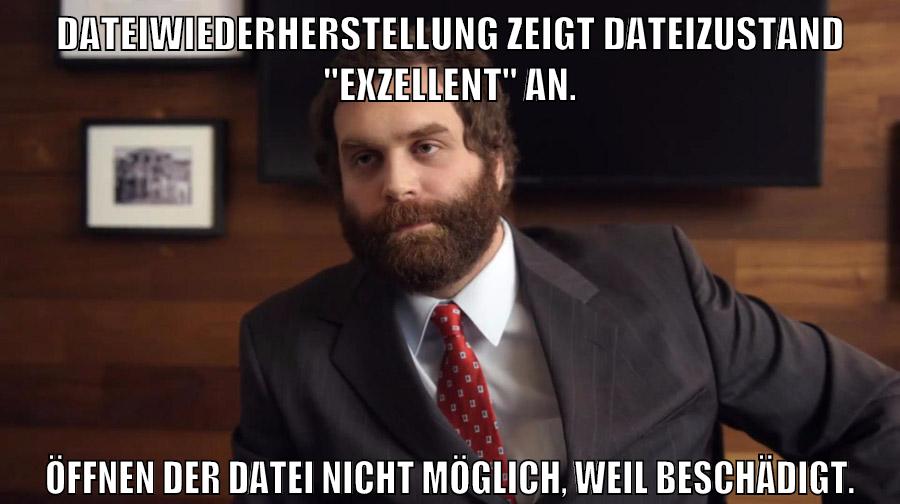Dateiwiederherstellung zeigt Dateizustand "Exzellent" an. Öffnen der Datei nicht möglich, weil beschädigt.