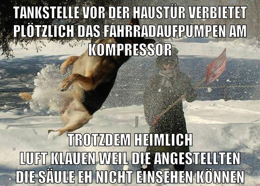 tankstelle vor der haustür verbietet plötzlich das fahrradaufpumpen am kompressor trotzdem heimlich luft klauen weil die angestellten die säule eh nicht einsehen können