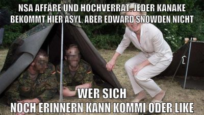nsa affäre und hochverrat. jeder kanake bekommt hier asyl, aber edward snowden nicht wer sich noch erinnern kann kommi oder like