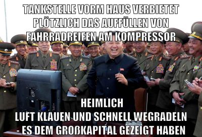 tankstelle vorm haus verbietet plötzlich das auffüllen von fahrradreifen am kompressor heimlich luft klauen und schnell wegradeln - es dem großkapital gezeigt haben