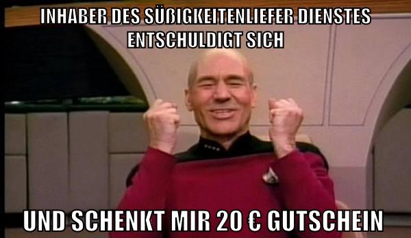 inhaber des süßigkeitenlieferdienstes entschuldigt sich und schenkt mir 20 € gutschein