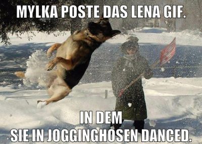 mylka poste das lena gif. in dem sie in jogginghosen danced.
