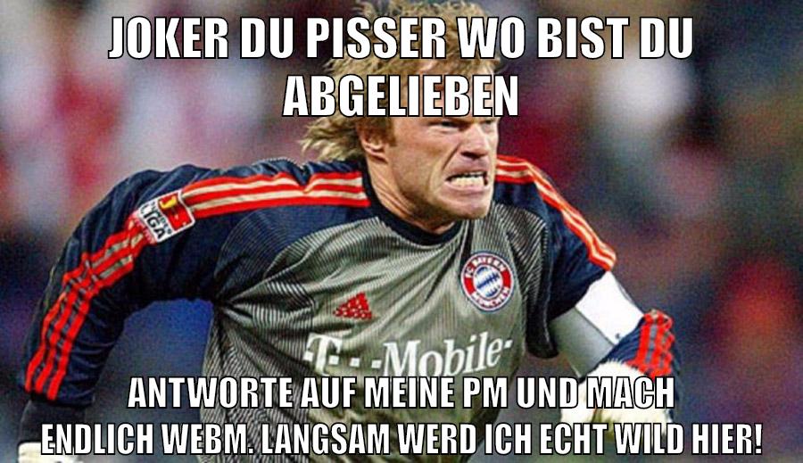 joker du pisser wo bist du abgelieben antworte auf meine pm und mach endlich webm. langsam werd ich echt wild hier!
