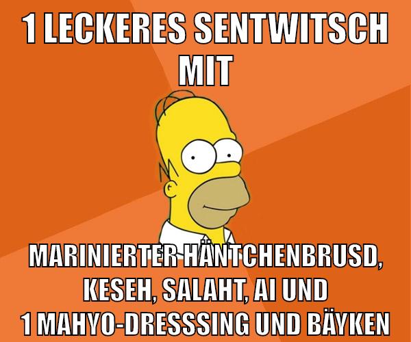 1 leckeres sentwitsch mit marinierter häntchenbrusd, keseh, salaht, ai und 1 mahyo-dresssing und bäyken