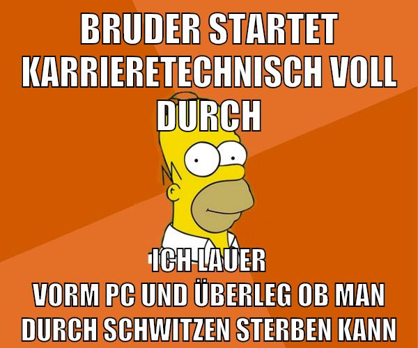 bruder startet karrieretechnisch voll durch ich lauer vorm pc und überleg ob man durch schwitzen sterben kann