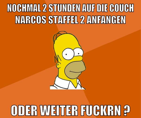 nochmal 2 stunden auf die couch narcos staffel 2 anfangen oder weiter fuckrn ?