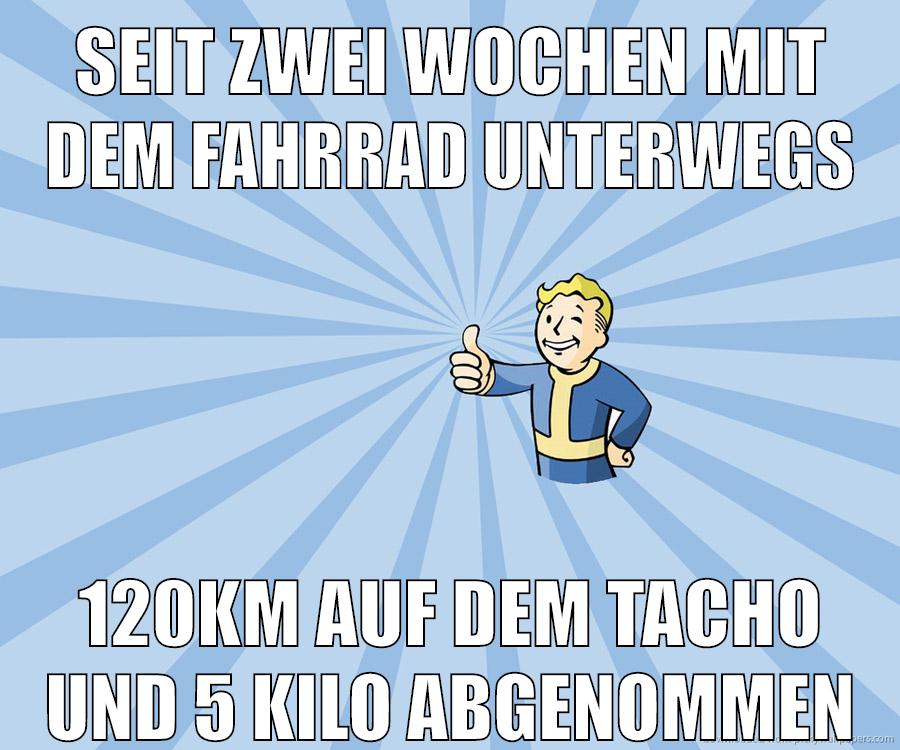 Seit zwei Wochen mit dem Fahrrad unterwegs 120km auf dem Tacho und 5 Kilo abgenommen