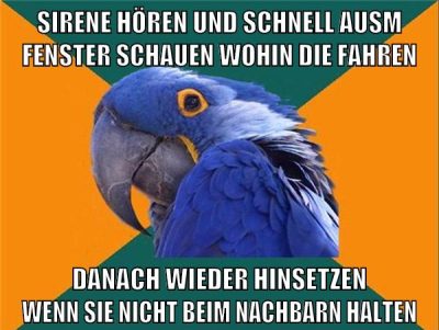 Sirene hören und schnell ausm fenster schauen wohin die fahren danach wieder hinsetzen wenn sie nicht beim nachbarn halten