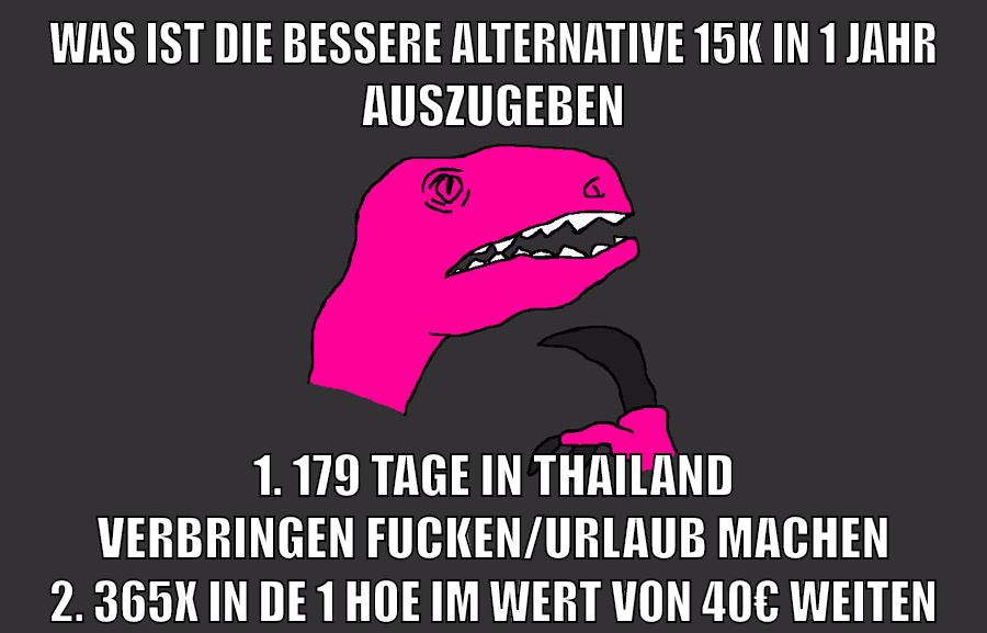was ist die bessere alternative 15k in 1 jahr auszugeben 1. 179 tage in thailand verbringen fucken/urlaub machen 2. 365x in de 1 hoe im wert von 40€ weiten