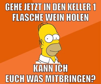 gehe jetzt in den keller 1 flasche wein holen kann ich euch was mitbringen?