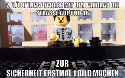2 flüchtlinge fahren mit dem fahrrad die straße auf und ab zur sicherheit erstmal 1 bild machen